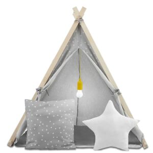 Nukido Grey Indian Teepee Tent with LED Lamp and pillows on white background - Teepee