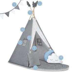 Nukido Indian tent for kids with star pattern, grey and white, includes mat and pillows - Teepee