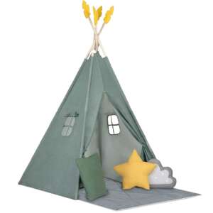 Nukido green children's teepee tent with yellow arrows, pillows, and a mat - Teepee