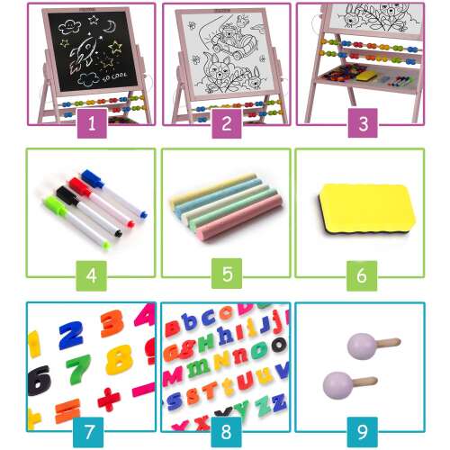 Ricokids Pink Magnetic Rotating Chalkboard with Accessories: chalkboard, whiteboard, abacus, markers, chalk, eraser, magnetic letters and numbers