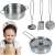 Child playing with Ricokids 5 piece toy kitchen cookware set, includes a pot, pan with lid, ladle, spatula, and strainer