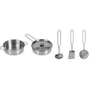 Set de 5 bucăți de ustensile de bucătărie pentru joacă Ricokids, include o oală, o tigaie cu capac, o lingură de servire, o spatulă și o strecurătoare - Ricokids