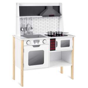 Ricokids wooden play kitchen for kids, white with grey accents, featuring a sink, stovetop, oven, and microwave - Play Kitchen & Toy Kitchen