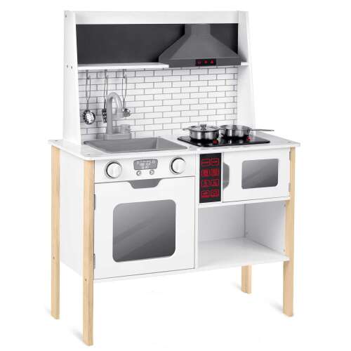 Ricokids wooden play kitchen for kids, white with grey accents, featuring a sink, stovetop, oven, and microwave