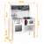 Ricokids wooden play kitchen for kids, white with grey accents, featuring a sink, stovetop, oven, and microwave, with dimensions