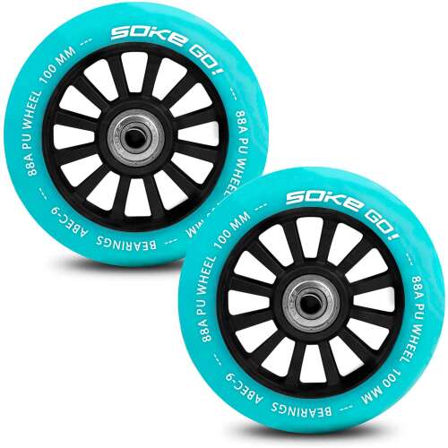 Pair of turquoise blue SOKE GO! 100mm scooter wheels with ABEC-9 bearings