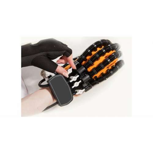 Bionic hand rehabilitation robot glove, showing the glove being worn and controlled by a person