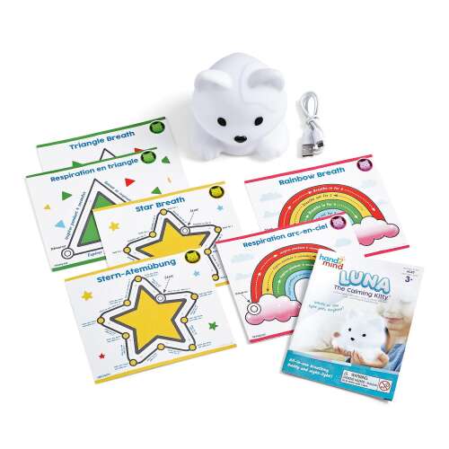Luna the Calming Kitty night light and breathing exercises kit, includes a cat-shaped night light, breathing cards, and a USB charging cable