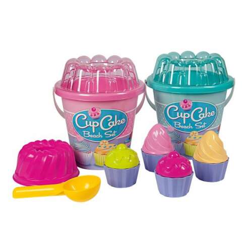 CupCake Beach Set, różowe i niebieskie wiaderka w kształcie muffinek z formami i łopatką, zabawki plażowe dla dzieci
