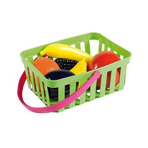 Androni Giocattoli 6 fruit basket toy, green plastic basket with pink handle, includes 6 pretend fruits: banana, orange, eggplant, blackberry, apple, and tomato - Androni