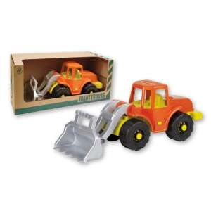 Orange and yellow toy excavator with a silver scoop, Giant Trucks brand - Androni