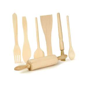 Egmont Toys 7 piece wooden kitchen playset, includes rolling pin, spatula, spoon, fork, and more - Toy kitchen tool