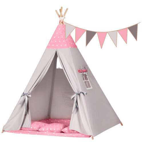 Csomagolássérült - LittleONE by Pepita prémium Indián sátor extra kiegészítőkkel + ajándék girland - Csillag #szürke-rózsaszín  - Csom