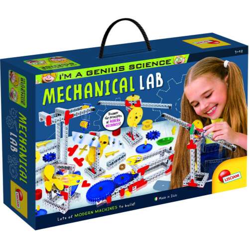 I'm a Genius Science Mechanical Lab construction set box, featuring a girl building a machine, lots of modern machines to build, made in Italy