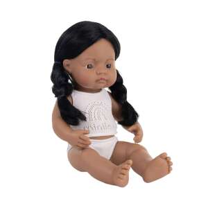 Miniland Dolls Baba 38 cm, Indian girl doll with scented body, sitting on white background - Miniland