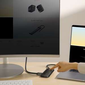 Baseus Lite Series Multifunkčný Hub USB-C do 2x USB 3.0, USB-C, HDMI 1.4, čítačka kariet SD/TF, čierna, pripojený k notebooku a monitoru - Baseus USB rozdeľovače