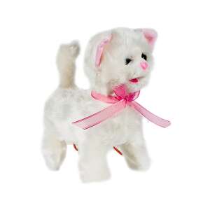 White plush cat with pink ribbon, Malplay 106617, interactive toy - Interactive Plush Toy