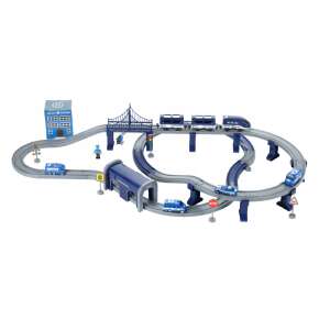 Set de tren de poliție Malplay 108492 cu 92 piese, inclusiv tren, mașini, figurine, pod, tunel și șine - Tren, element feroviar, autostradă