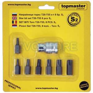 Topmaster 8 darabos Torx bitkészlet, T20-T55 méretek, S2 acél - Topmaster