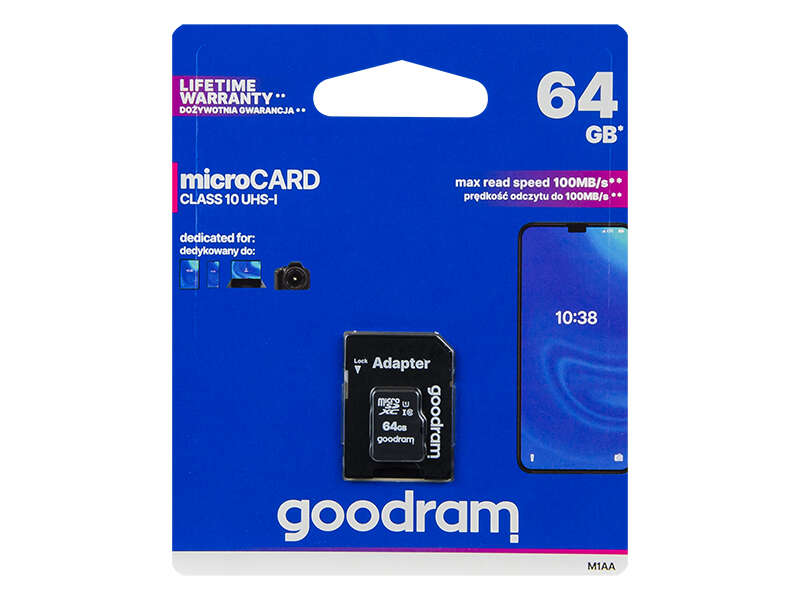 GOODRAM Memóriakártya, 64 GB microSDXC kártya + adapter SD CL10