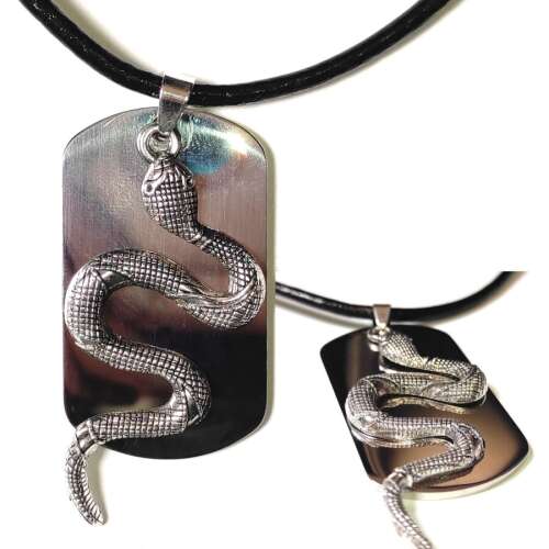 Tüköracél ezüst dögcédula ezüst színű kígyóval, bőr lánccal vagy kulcstartóval 74768711