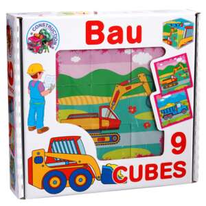 Építkezos mesekocka 9 db-os, fa puzzle gyerekeknek, építkezesi járművekkel, mint például kotrógép és dömper - Baba puzzle