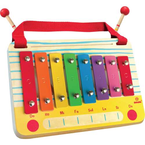 Wooden radio shaped metallophone with 8 notes, colorful keys, and two mallets, perfect for kids to learn music