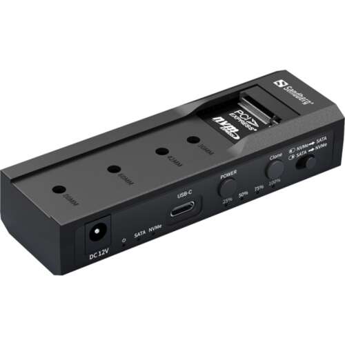 Sandberg USB 3.2 Cloner și Dock pentru M2 + NVMe + SATA, negru, vedere înclinată