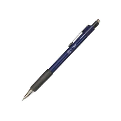 Bluering Zaphire 0.7mm mechanical pencil with ergonomic design, dark blue plastic body, black grip, retractable metal tip, metal clip