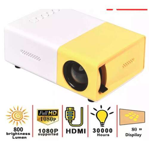 AOVO Mini Projector P300 Pro LED 1080P Full HD Hordozható, Hangszoró, HDMI USB Video csatlakozás, sárga