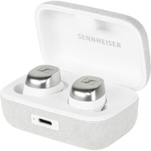 Căști Sennheiser Momentum True Wireless 4 în cutia de încărcare deschisă, alb și argintiu - Sennheiser
