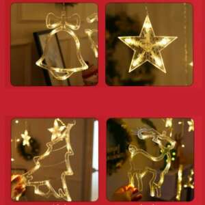 Collage of the 138 LED Christmas curtain lights with reindeer, star, bell and tree shapes, warm white, 2.5m showing different shapes and the lights in use - Seasonal decoration
