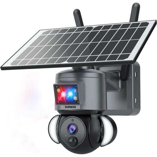Sumker 8MP Dual Lens Solar Battery Camera with solar panel, two lenses, and night vision