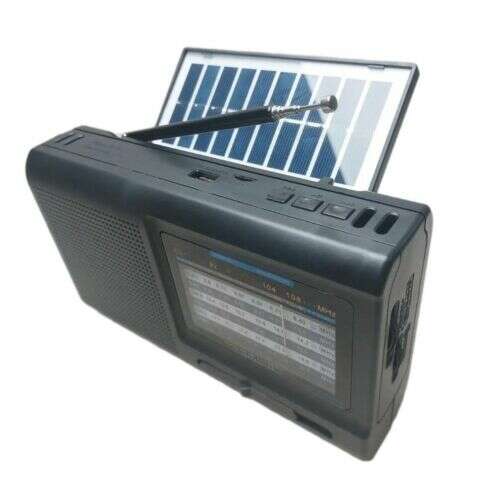 Golon RX-BT3040S solar powered radio with Bluetooth, USB, and AUX input, angled view