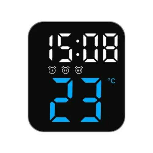Digital LED alarm clock with blue display showing time and temperature