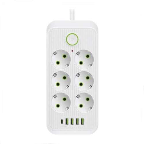 Weißer 6-fach-Steckerleiste mit 4 USB-Anschlüssen und 1 Typ-C-Anschluss, Modell F06U