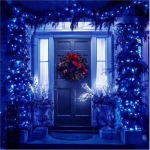 Blue LED string lights decorating a house entrance for Christmas - Sumker