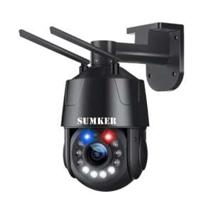 Black SUMKER 8MP PTZ IP security camera with 30x optical zoom, red and blue warning lights, and infrared night vision - Security Camera