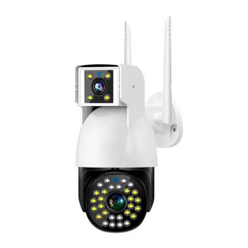 White wireless security camera with two lenses and night vision lights, CAM-353