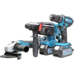 Hitman cordless tool set, includes a drill driver, hammer drill, and angle grinder - Sumker