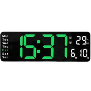 Digital wall clock with green LED display, showing time, date, day of the week, and temperature - Sumker