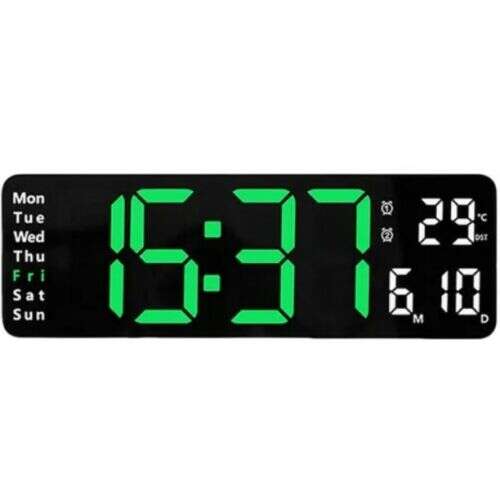 Digital wall clock with green LED display, showing time, date, day of the week, and temperature