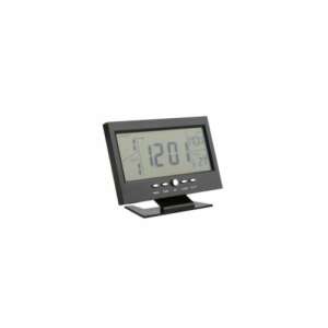 Black digital alarm clock with LCD display, showing time, date, and temperature - Alarm Clock