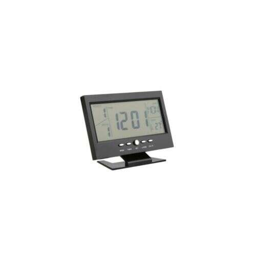 Black digital alarm clock with LCD display, showing time, date, and temperature