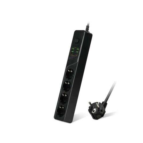 Черен 4-полюсен разклонител с 4 USB порта и 2 порта от тип C