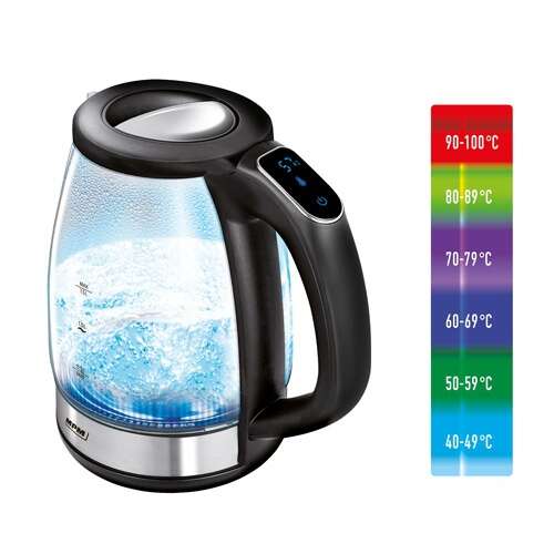 MPM MCZ-100 rýchlovarná kanvica 1,7L s LED osvetlením meniace farby a reguláciou teploty, čierna-inox