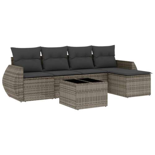 vidaXL 6 részes szürke polyrattan kerti ülőgarnitúra párnákkal, kültéri bútor szett teraszra, kertbe, udvarra, kényelmes ülés, pihenés - Kerti ülőgarnitúra