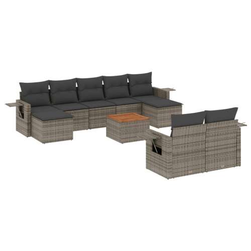 vidaXL 10 részes szürke polyrattan kerti ülőgarnitúra párnákkal, kerti bútor, terasz bútor, udvari bútor, kényelmes ülés, moduláris kialakítás, tárolóhely, akácfa asztal - Kerti garnitúra