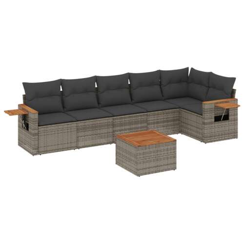 vidaXL 7 részes szürke polyrattan kerti ülőgarnitúra párnákkal, kültéri bútor, terasz bútor, udvari bútor, kényelmes ülés, moduláris kialakítás, tárolóhely, akácfa kartámaszok, szürke párna - Kert