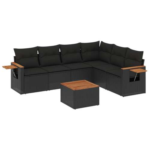 vidaXL 7 részes fekete polyrattan kerti ülőgarnitúra párnákkal, kültéri bútor teraszra, kertbe, udvarra, kényelmes ülés, moduláris kialakítás, tárolóhely, időjárásálló - Kerti ülőgarnitúra